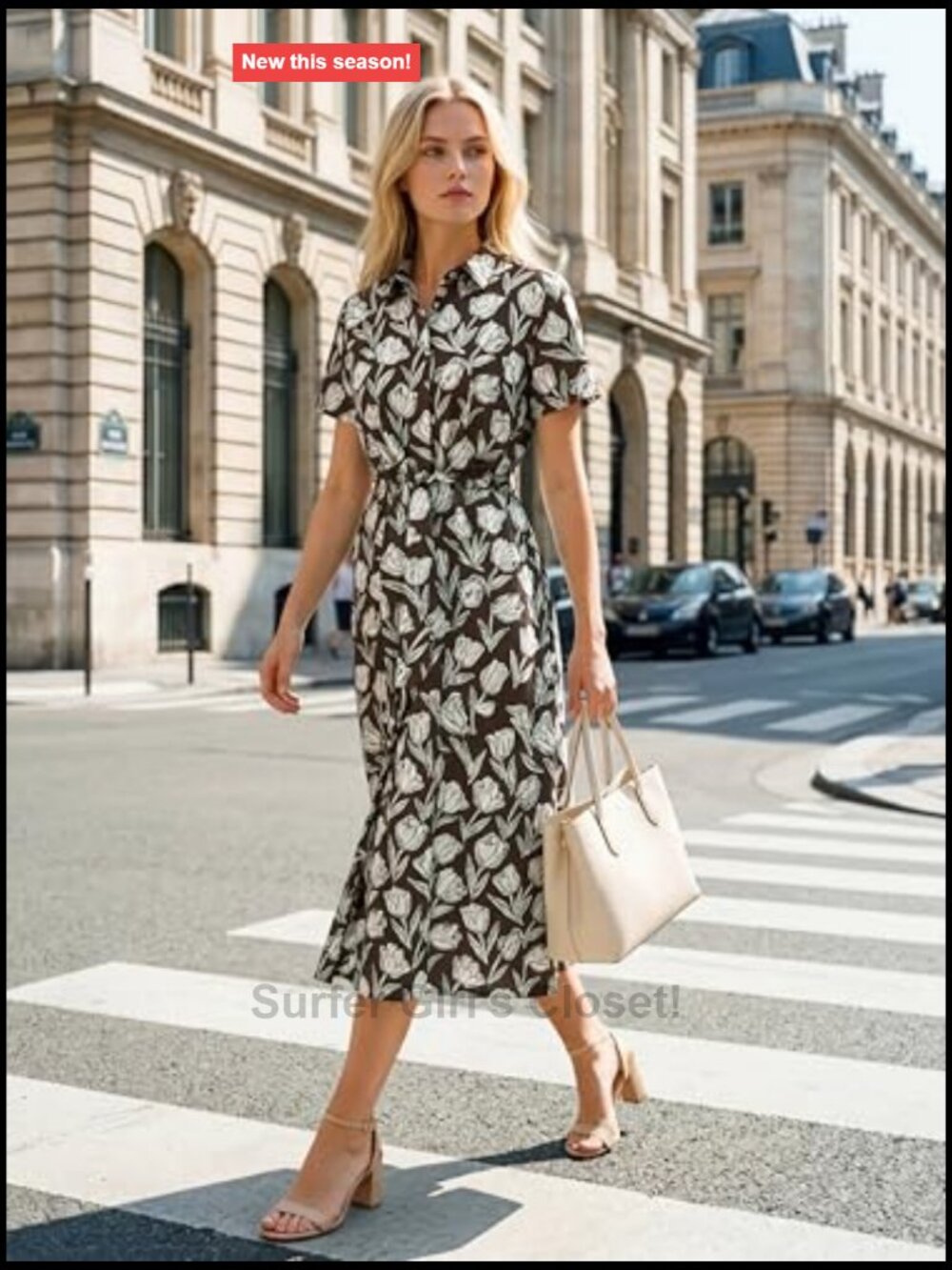 Women's Work Business Casual Tie Waist Midi Shirt Dress, Lightweight Polyester - Picture 2 of 6